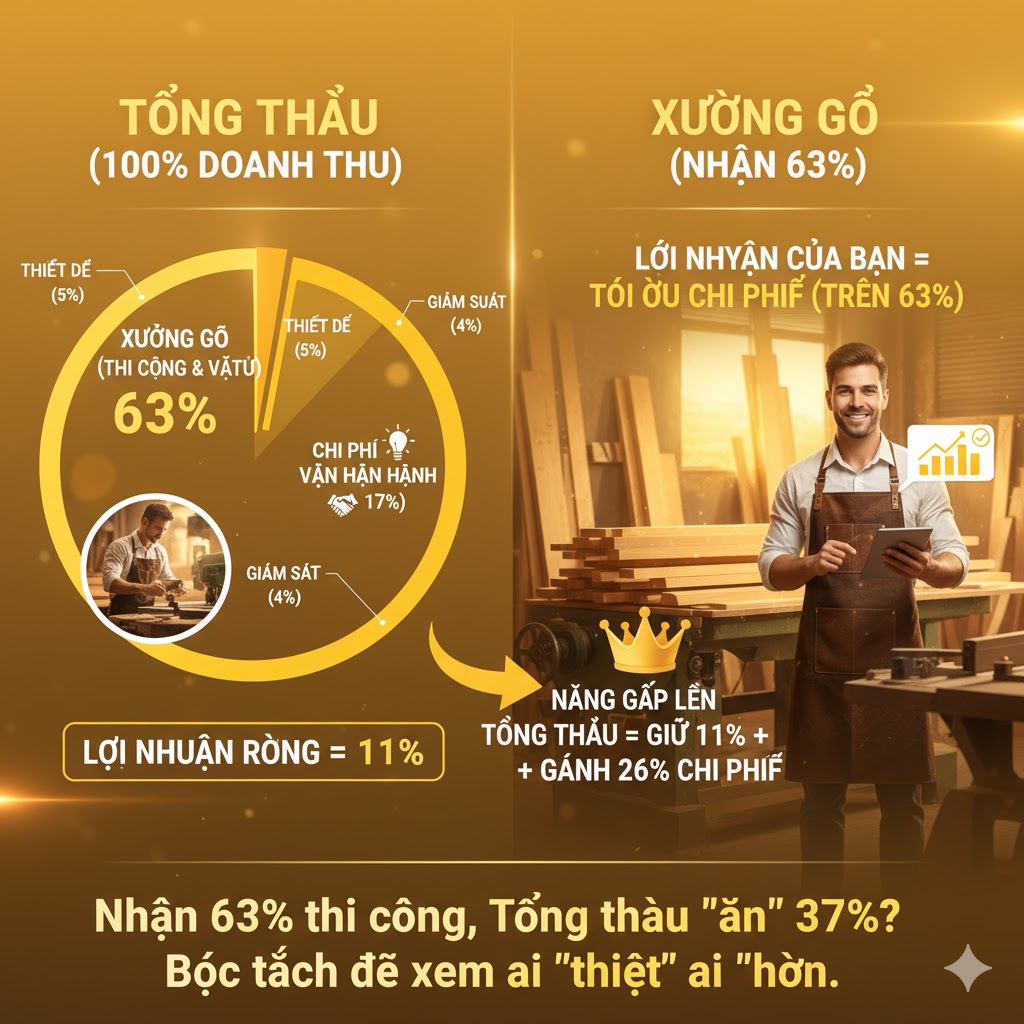 Gửi anh em Chủ xưởng: Nhận 63% thi công, Tổng thầu "ăn" 37%? Bóc tách để xem ai "thiệt" ai "hơn".
